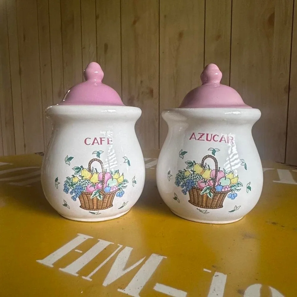 Vintage Cafe Azucar Jars Set of 2 Pastel Pink Lids Canisters Sugar Coffee Retro